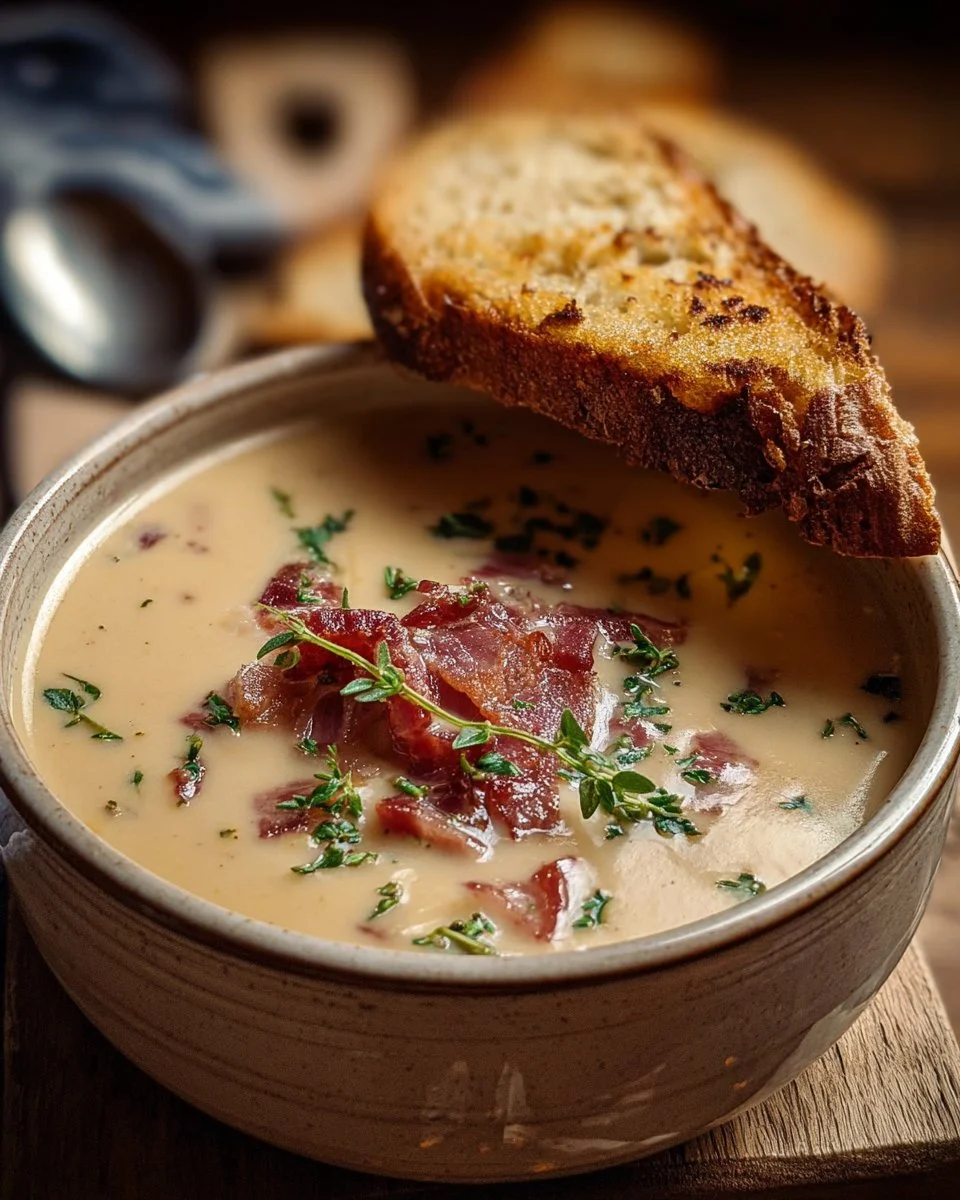 Bowl of creamy Reuben soup garnished with herbs and served with rye bread.