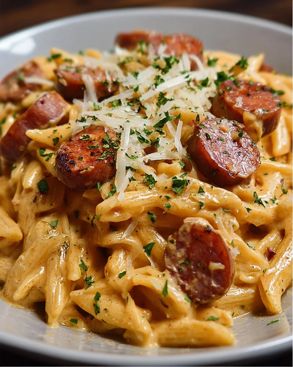 Creamy smoked sausage pasta served in a bowl, garnished with herbs.