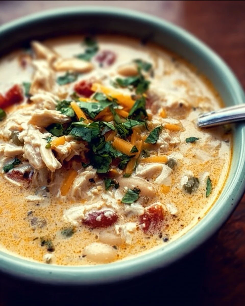 Bowl of creamy Southwestern white chicken chili topped with cilantro and cheese