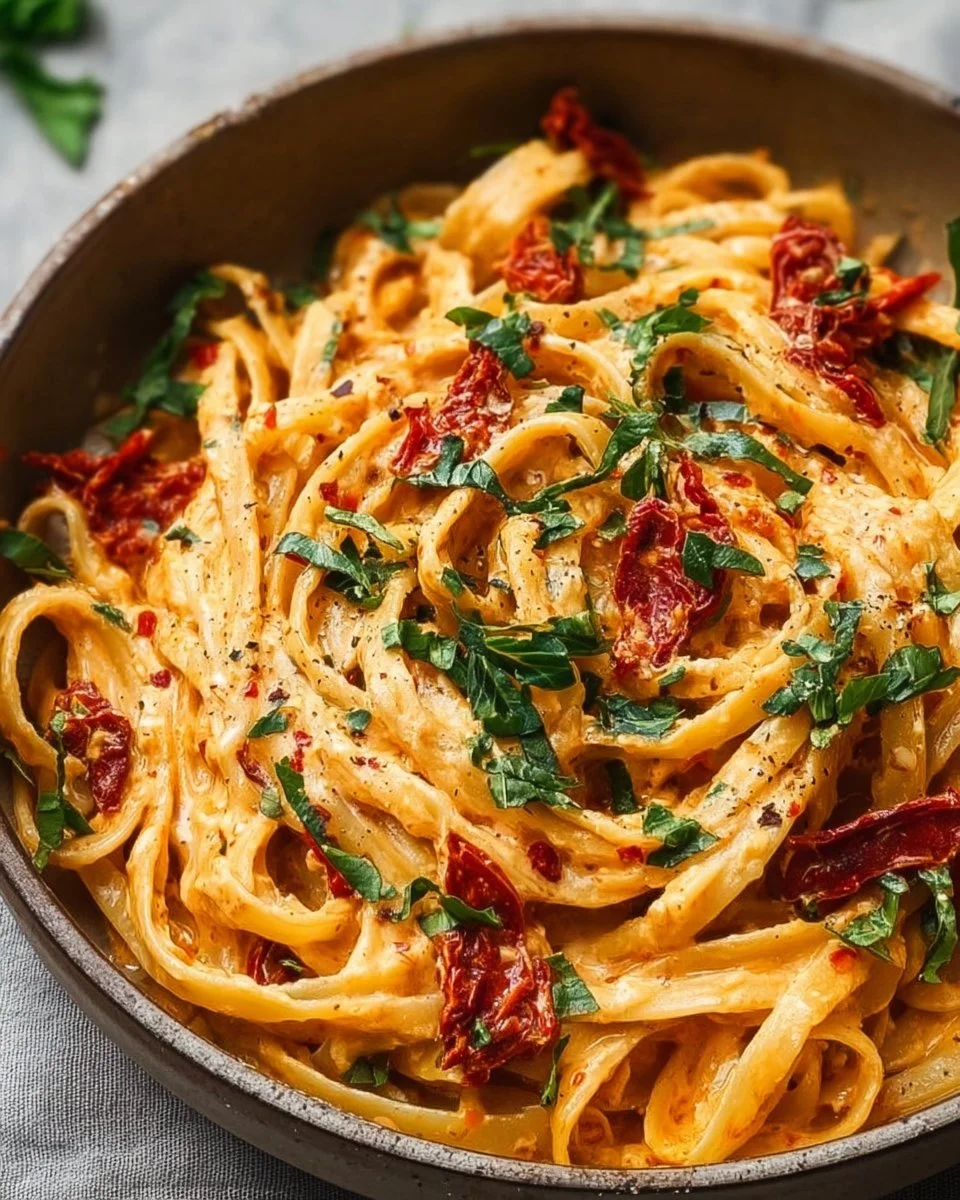 Creamy vegan sun-dried tomato pasta in a bowl topped with fresh basil