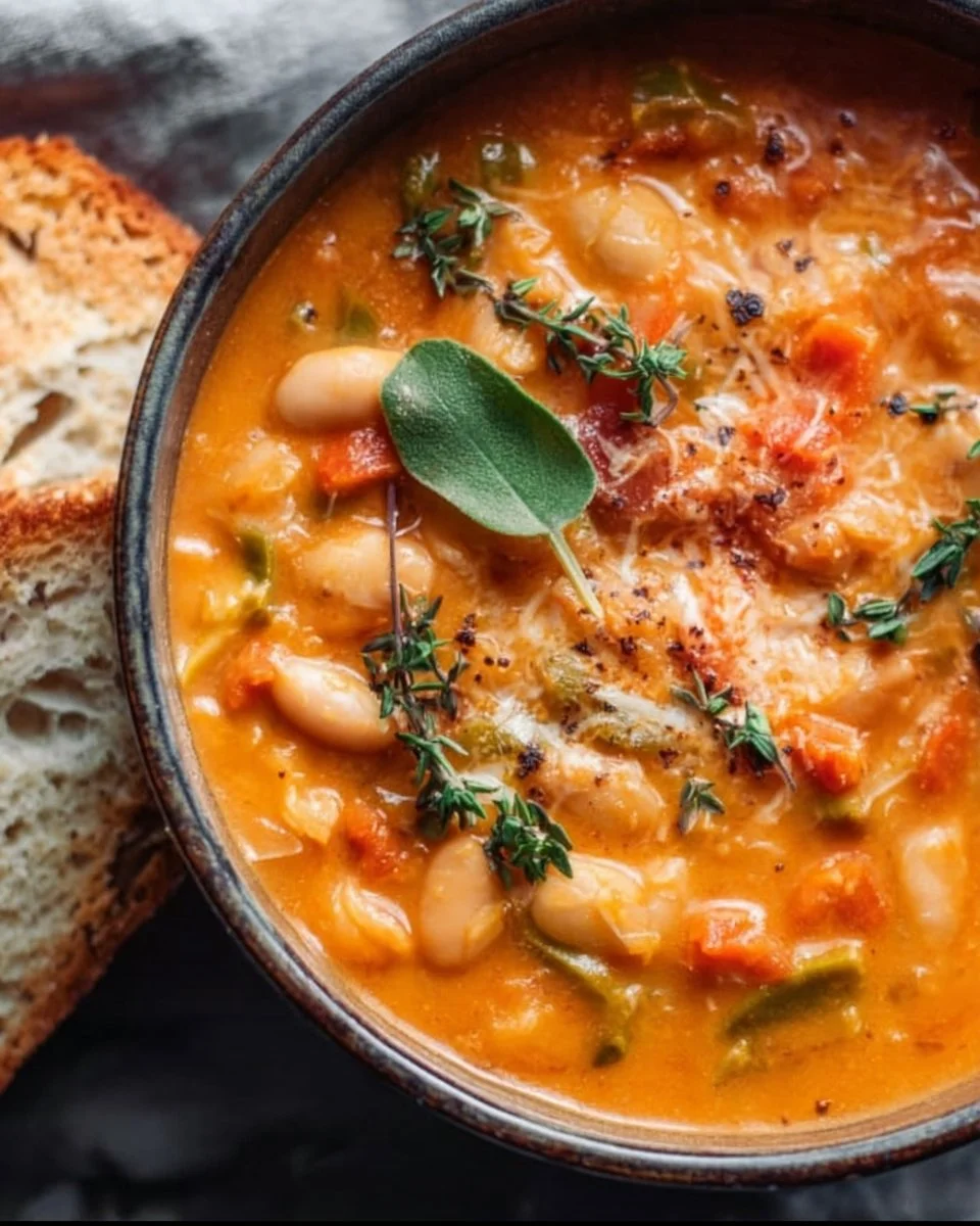 Creamy vegan tomato white bean stew in a bowl, garnished with fresh herbs.