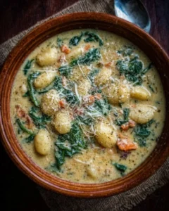 Creamy vegetarian gnocchi soup in a bowl with fresh herbs