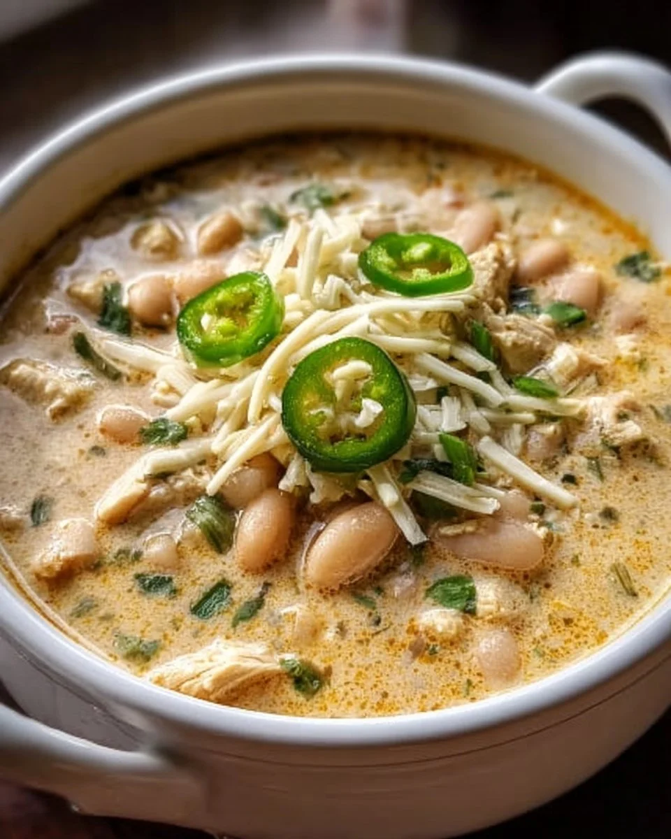 Bowl of creamy white chicken chili topped with fresh herbs and cheese