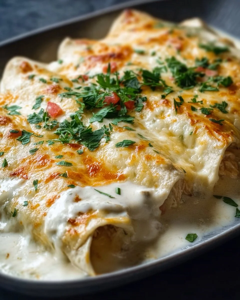 Delicious creamy white chicken enchiladas on a plate with toppings.