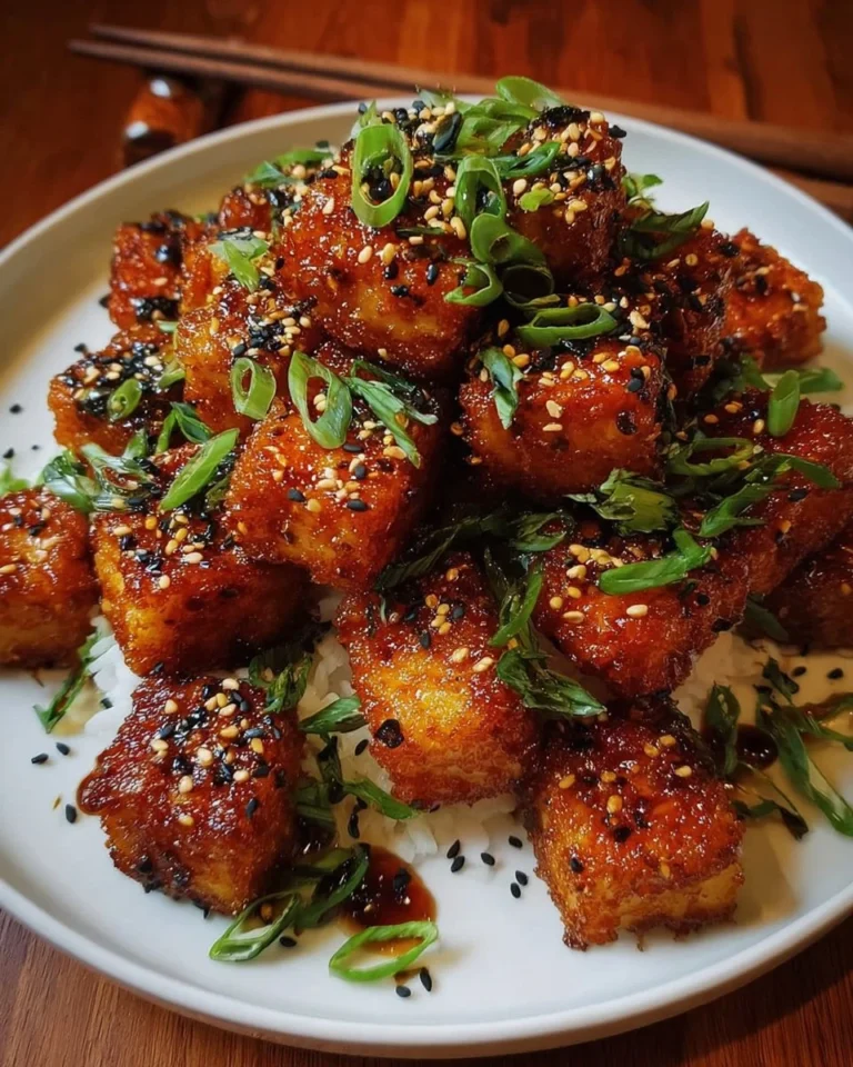 Crispy honey garlic tofu served on a plate with vegetables.