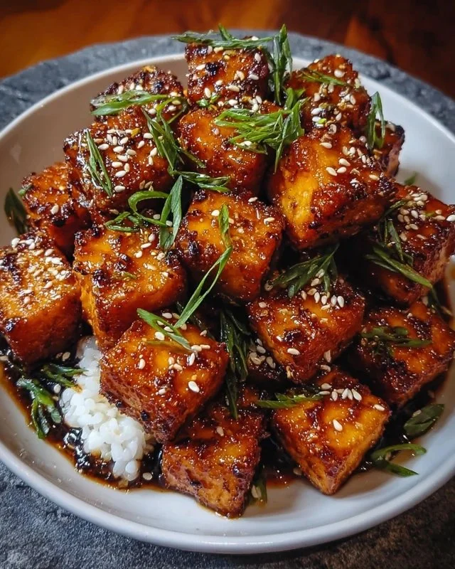 Crispy honey garlic tofu dish served with vegetables on a plate
