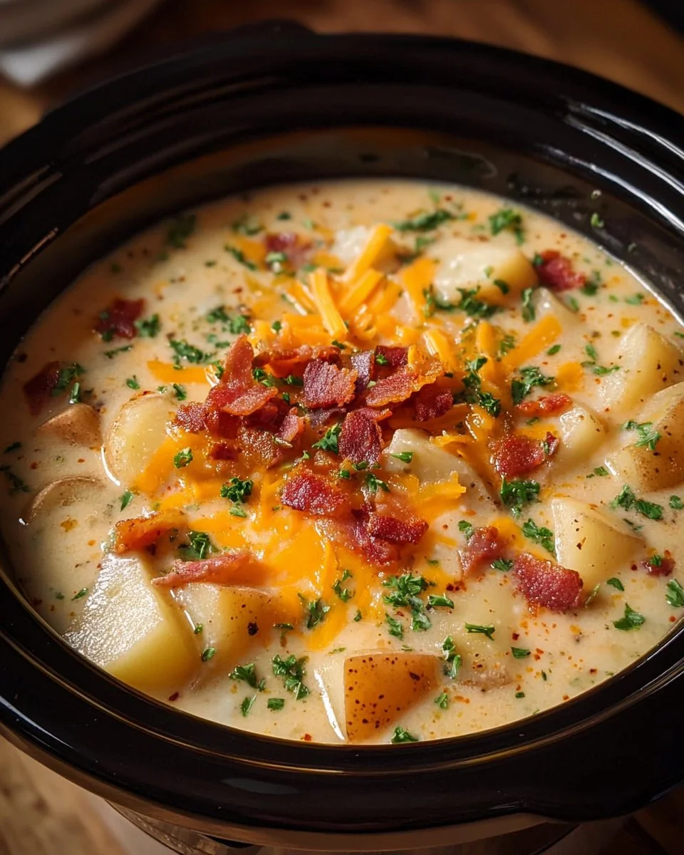 Creamy Crock Pot Crack Potato Soup topped with bacon and cheese in a bowl