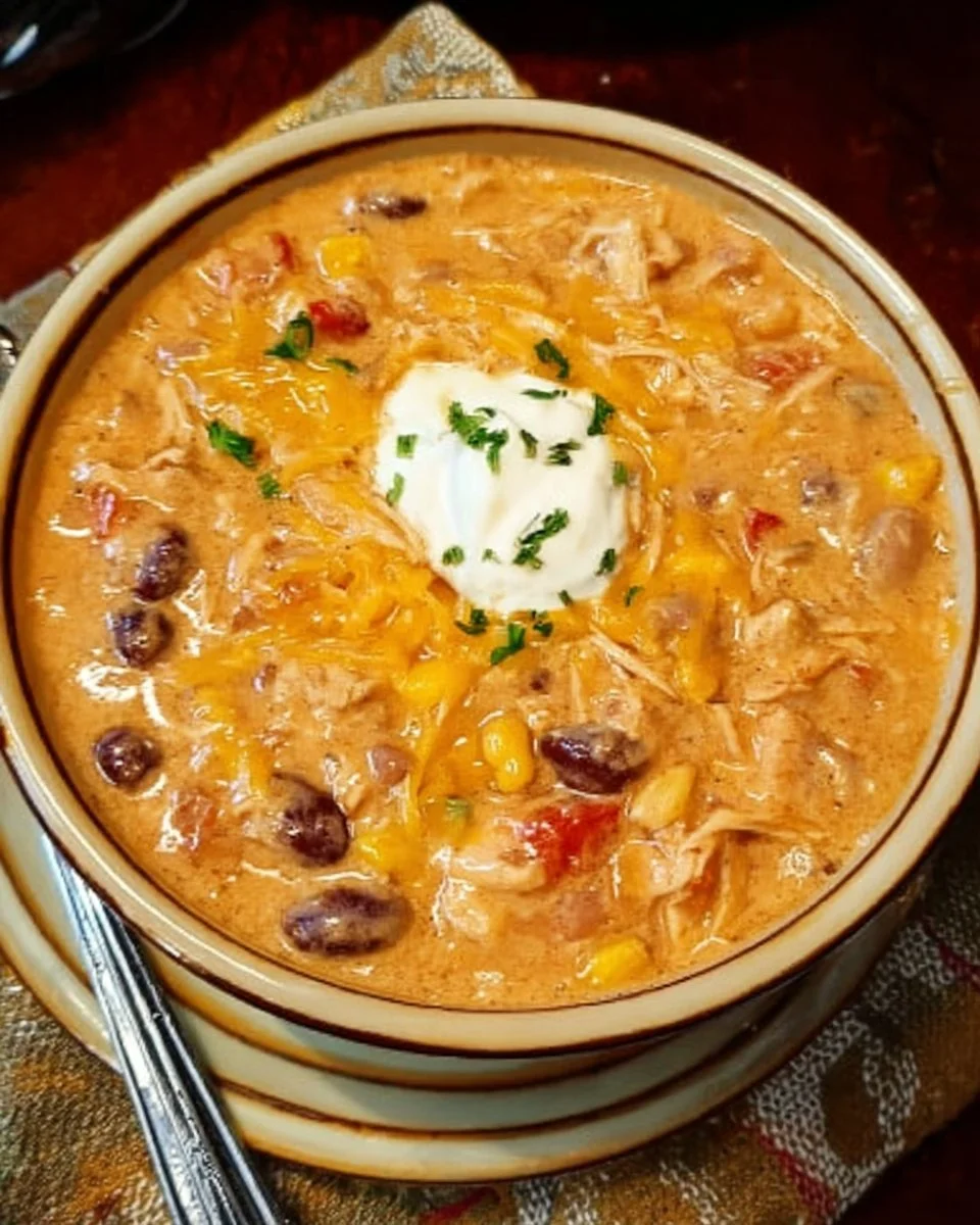 Cream Cheese Chicken Chili in a crock pot, garnished with cilantro and served in a bowl