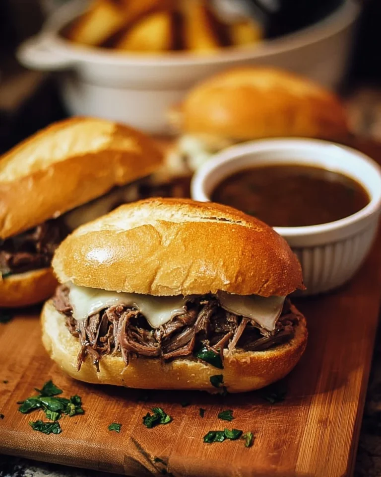 Delicious Crock Pot French Dip Sandwiches served with au jus for dipping