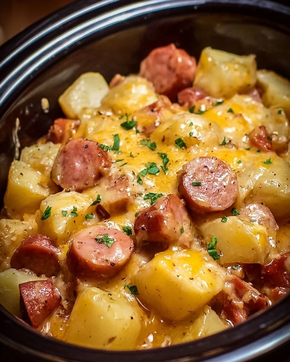 Crockpot Cheesy Potatoes with Kielbasa in a serving dish
