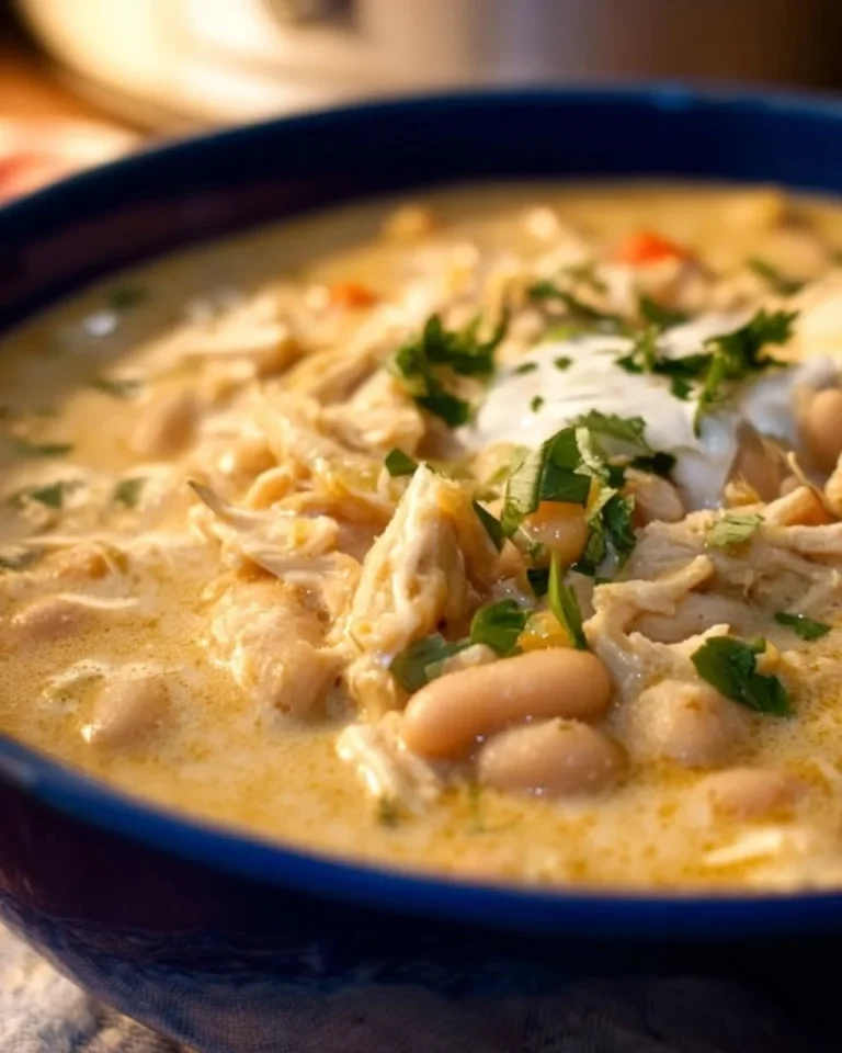 Crockpot creamy white chicken chili in a bowl garnished with cilantro.