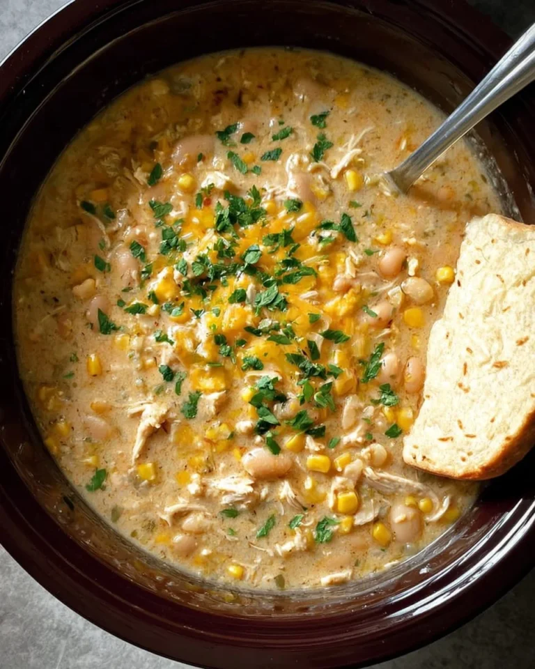 Creamy Crockpot white chicken chili in a bowl, garnished with cilantro and lime