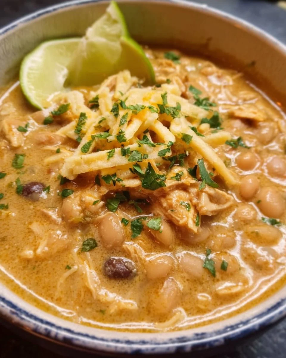 Bowl of Crockpot White Chicken Chili topped with cilantro and cheese