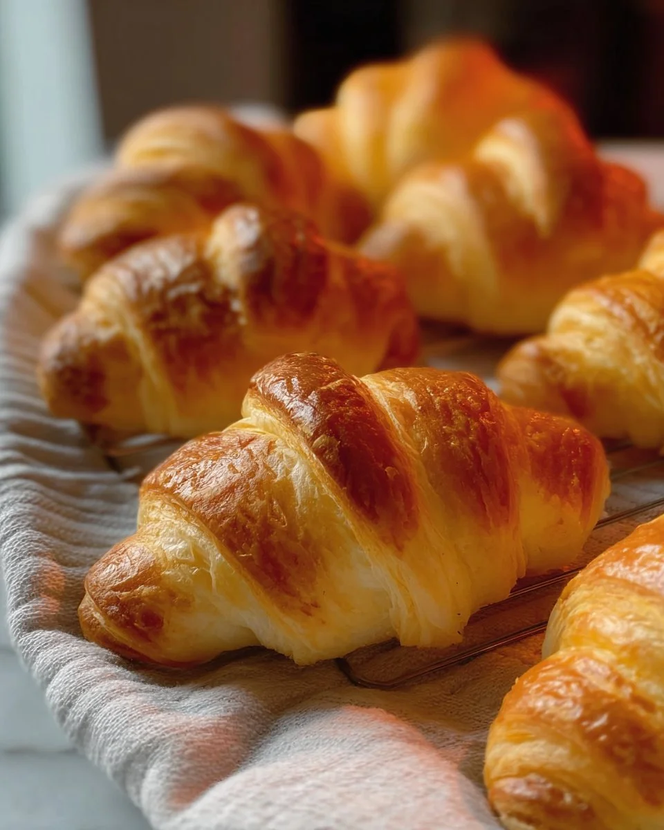 Freshly baked croissant rolls on a rustic wooden table