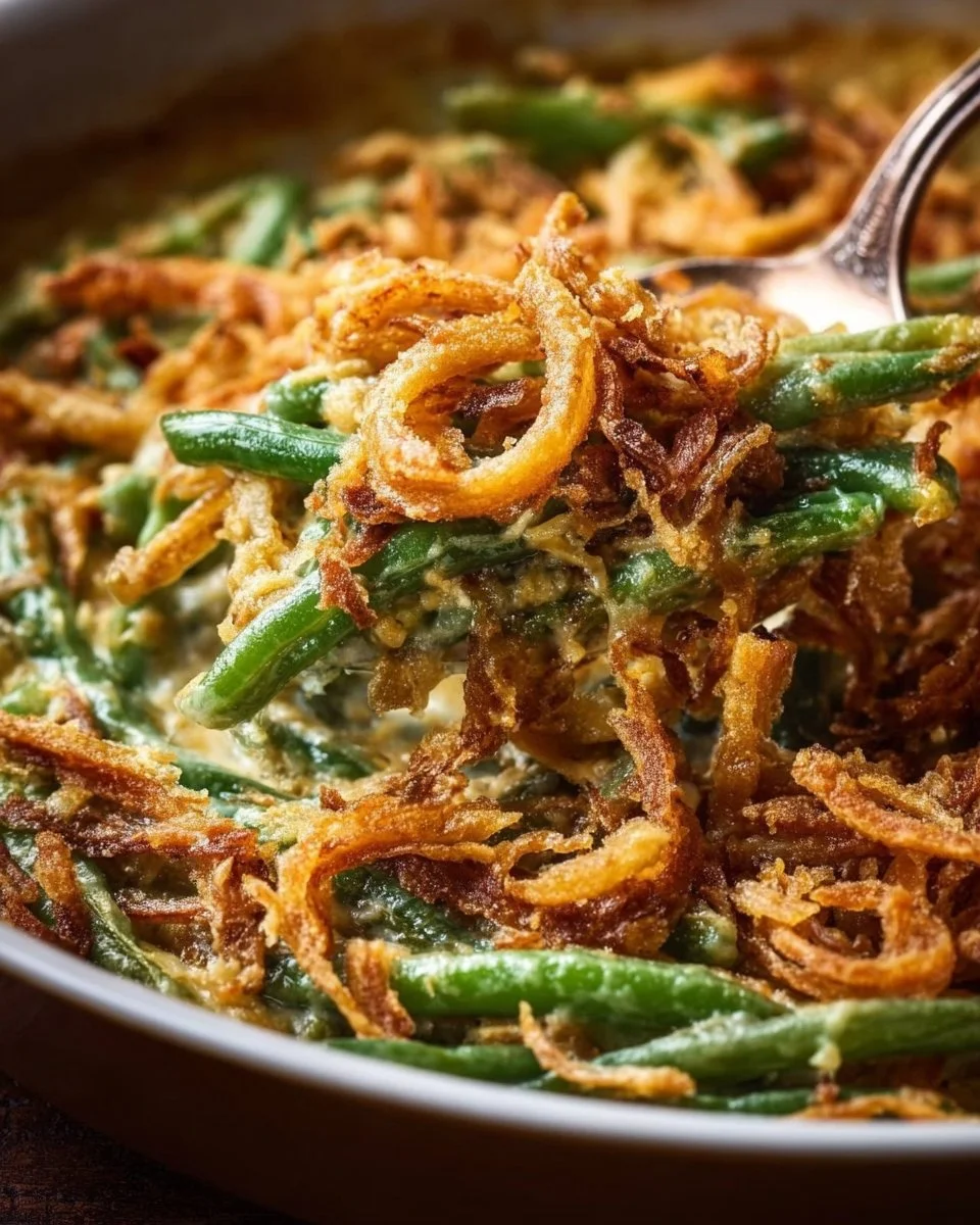 Delicious Barefoot Contessa green bean casserole served in a dish