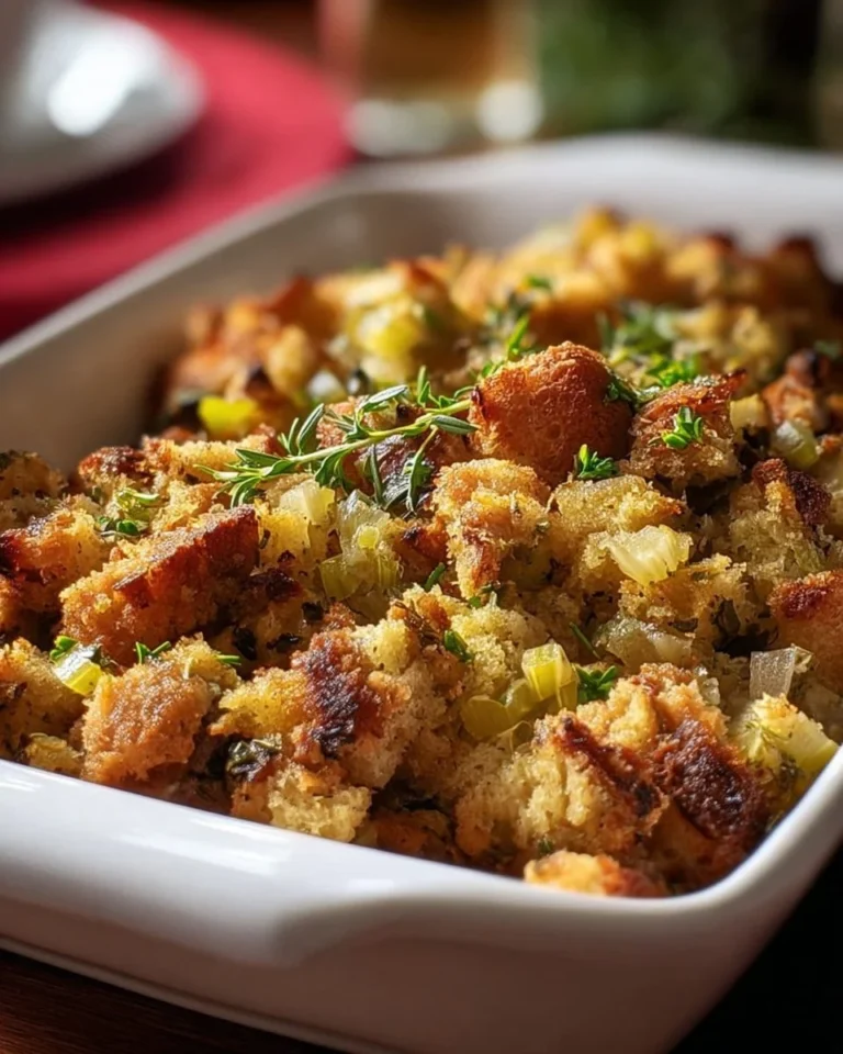 Grandma's delicious Thanksgiving stuffing recipe with fresh herbs and bread.