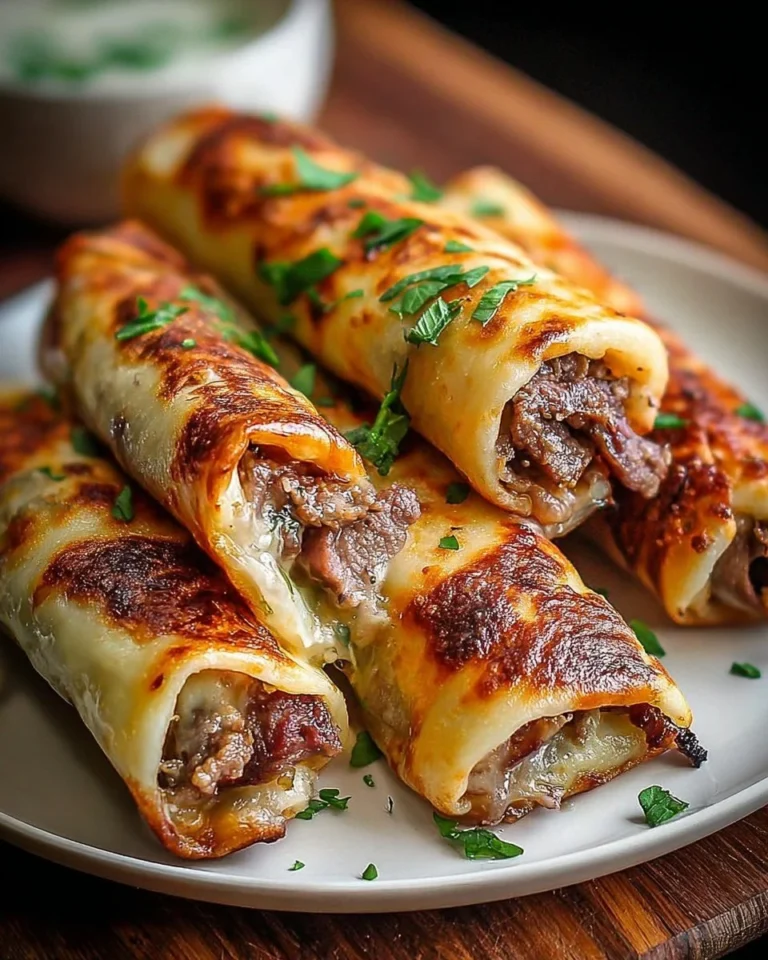 Keto Philly Cheesesteak Roll Ups with melted cheese and bell peppers on a plate
