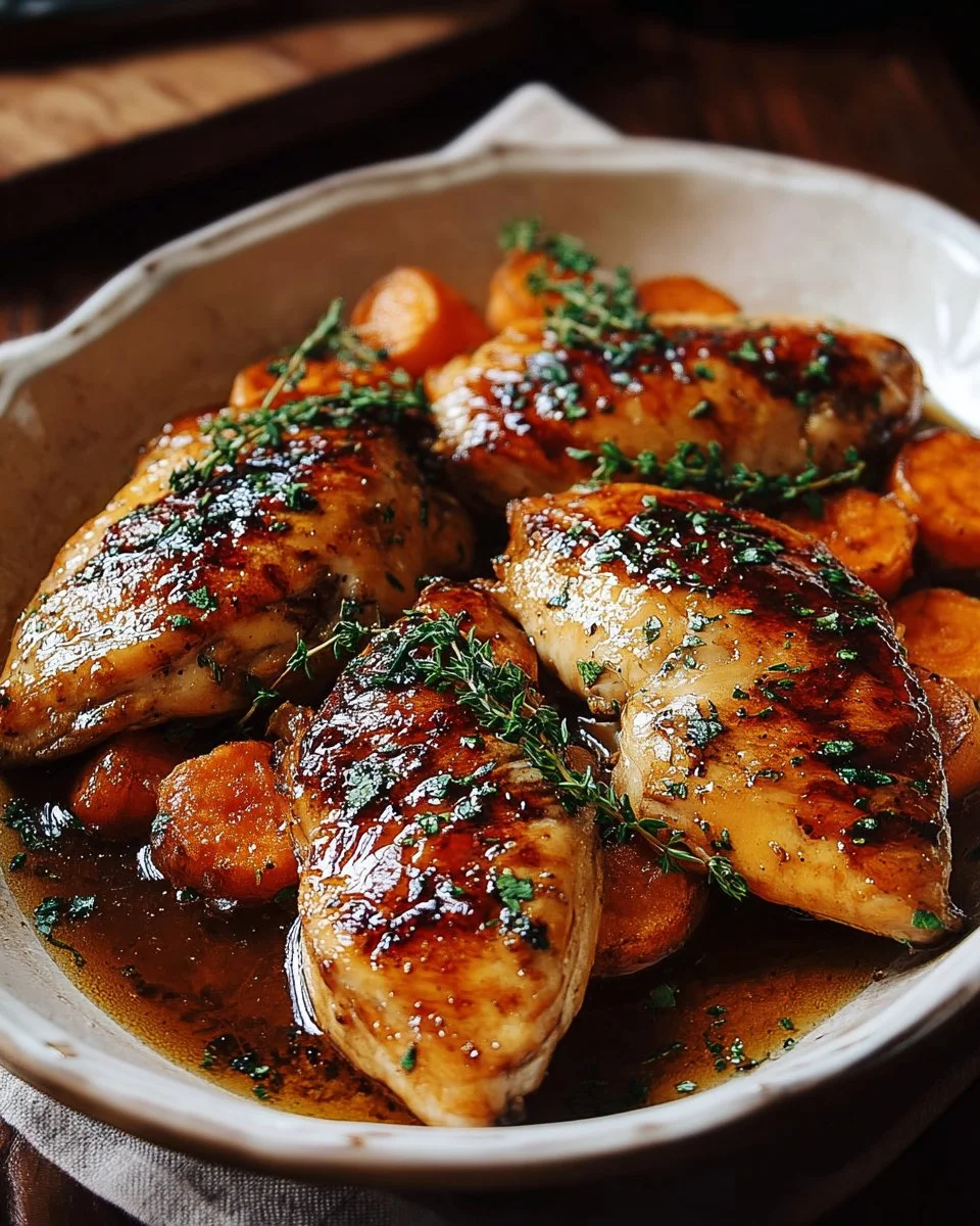 Juicy maple-glazed chicken served with vegetables on a plate