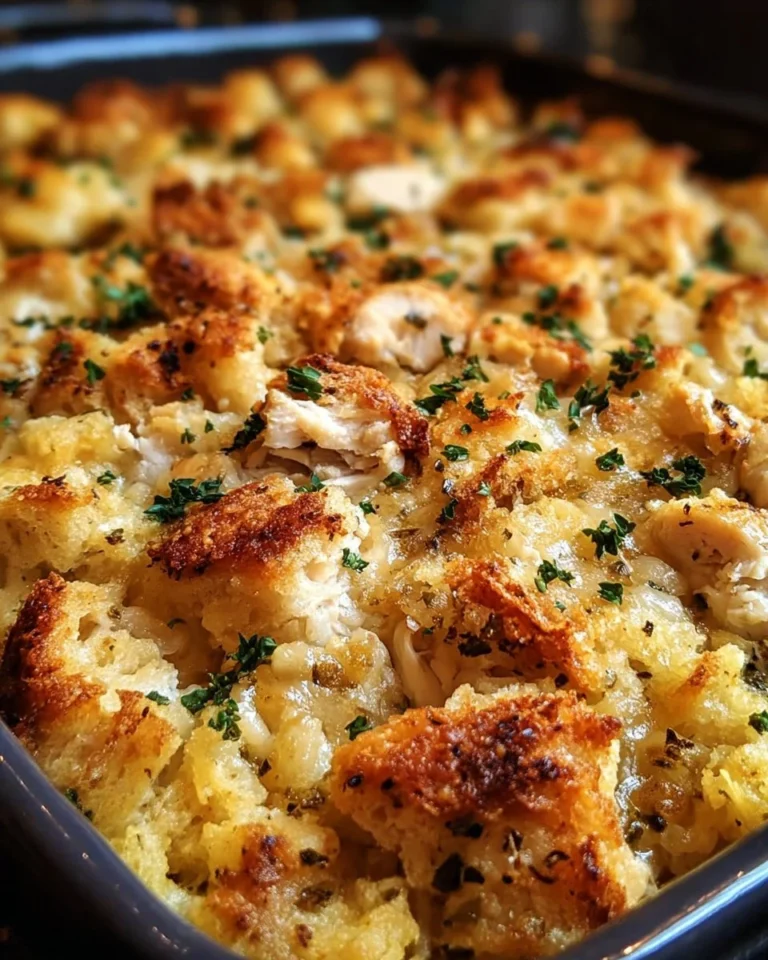 Dolly's Chicken and Stuffing Casserole served in a baking dish, topped with herbs.