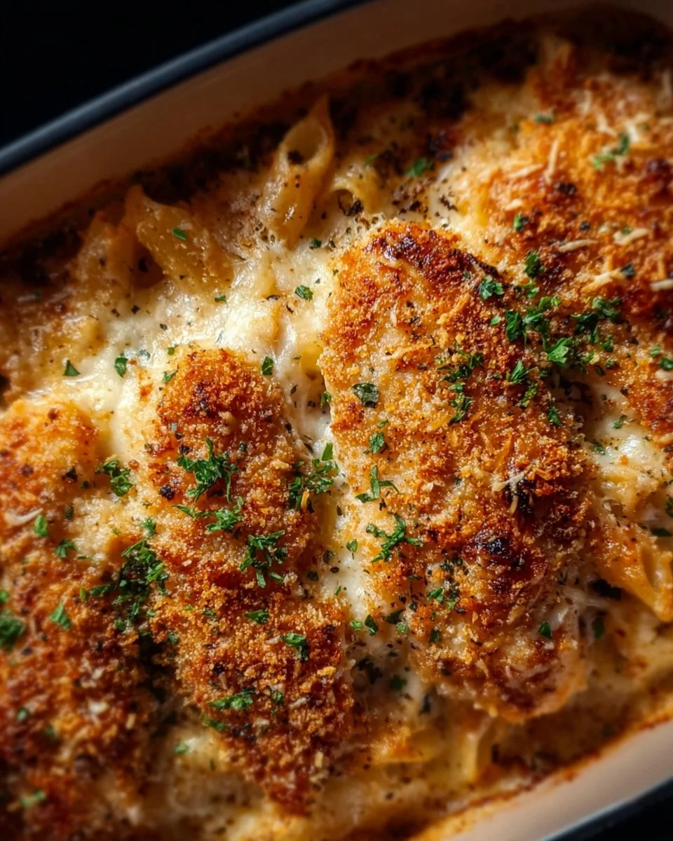 Dump-and-Bake Chicken Parmesan Casserole served in a baking dish