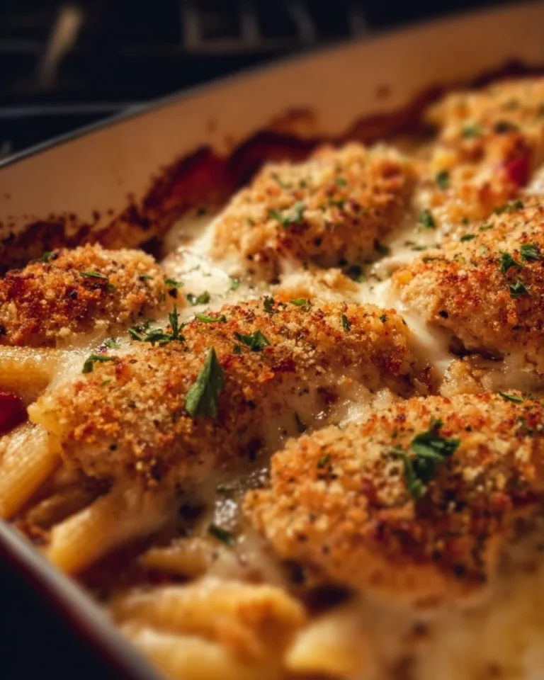 Delicious Dump-and-Bake Chicken Parmesan Casserole served in a baking dish