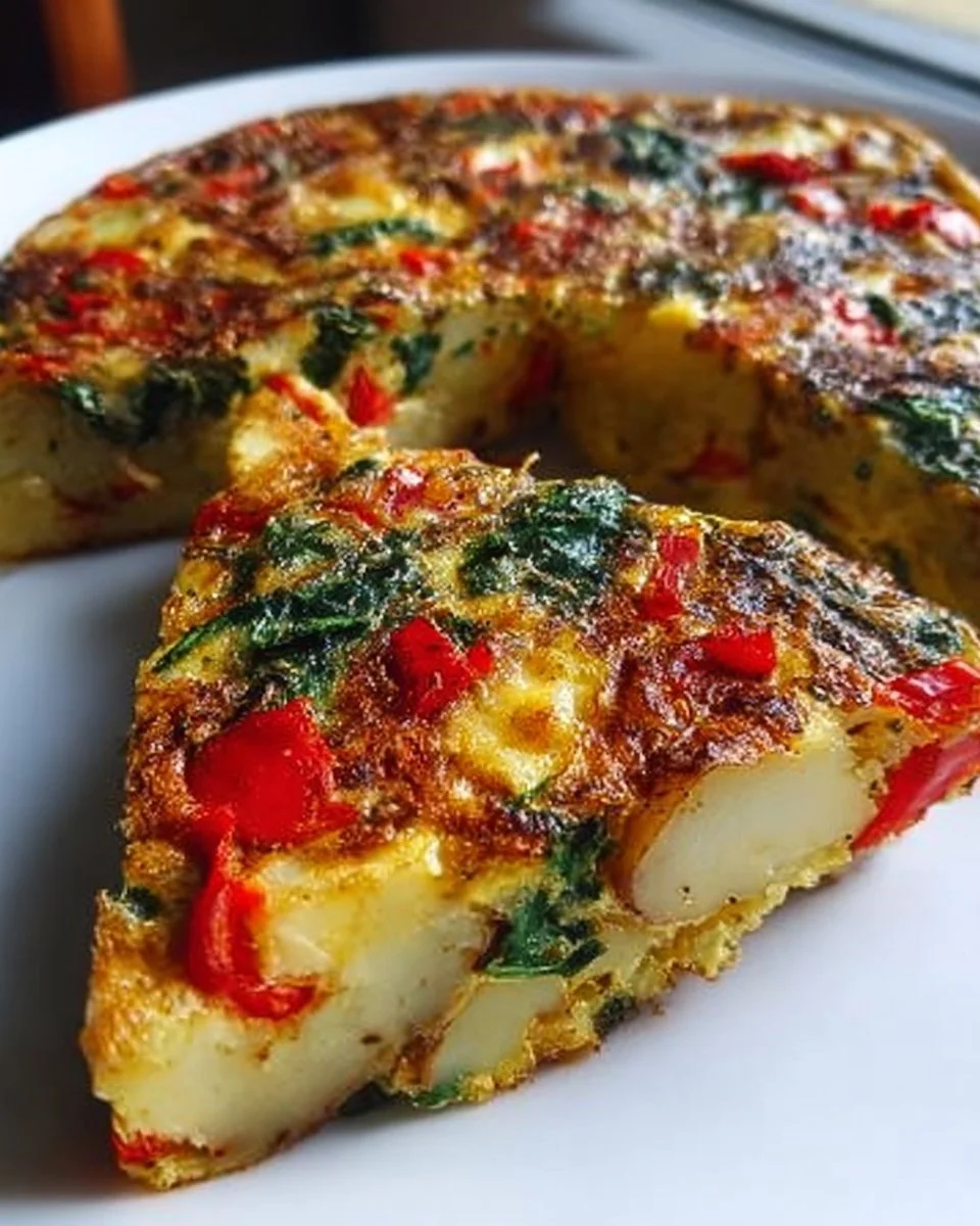 Easy frittata recipe with potatoes, red peppers, and spinach in a skillet