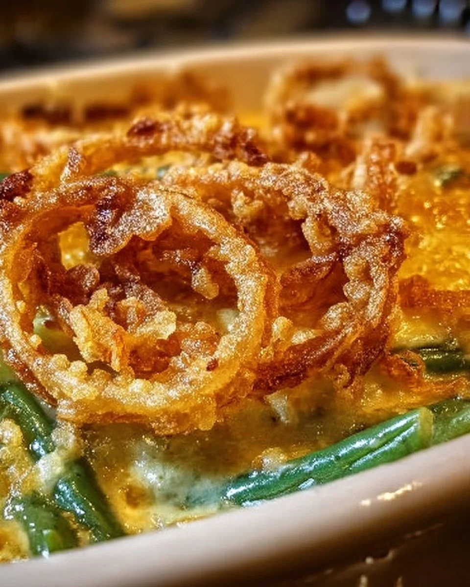 Delicious easy green bean casserole with crispy onions on top