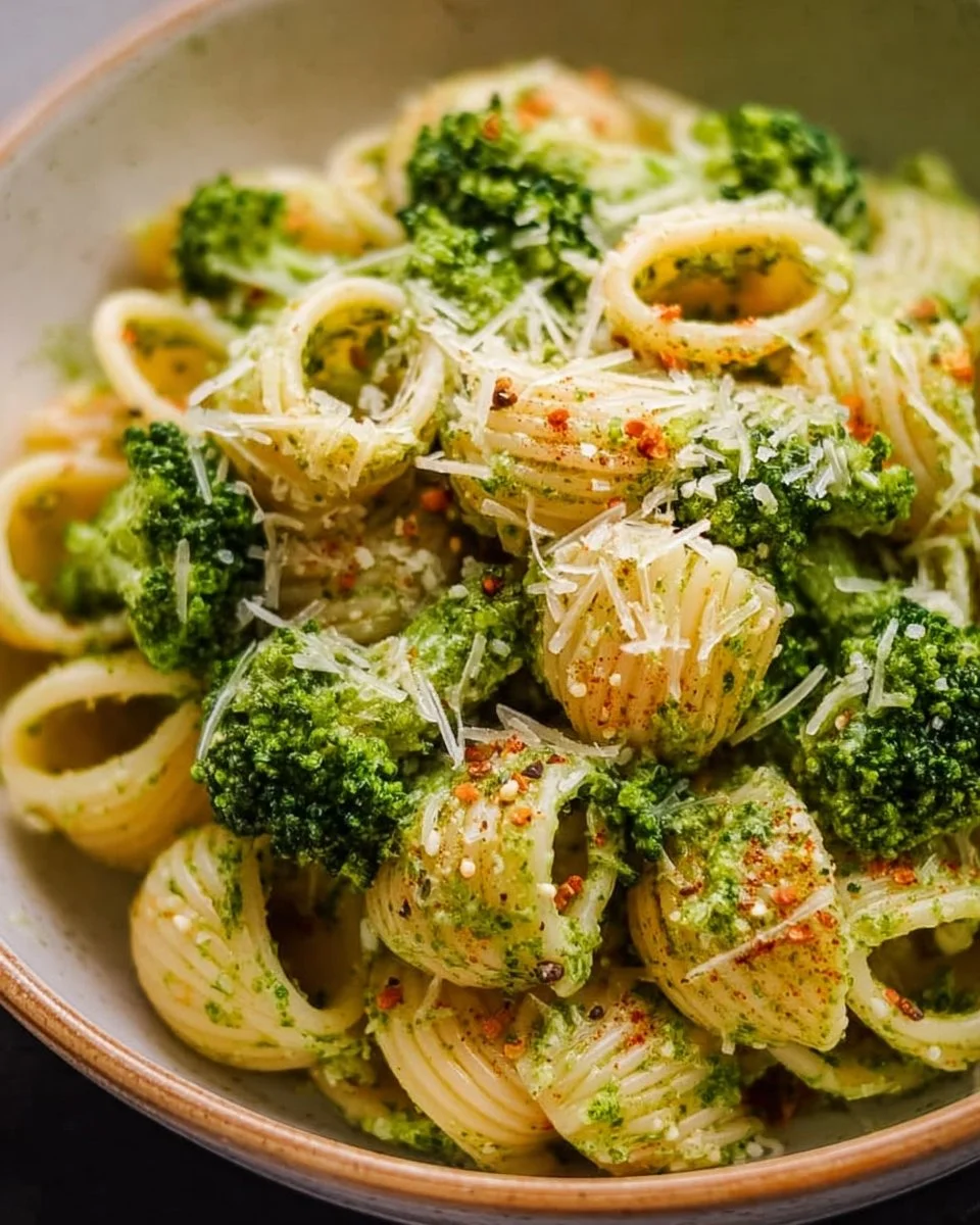 Bowl of easy healthy broccoli pasta with fresh ingredients