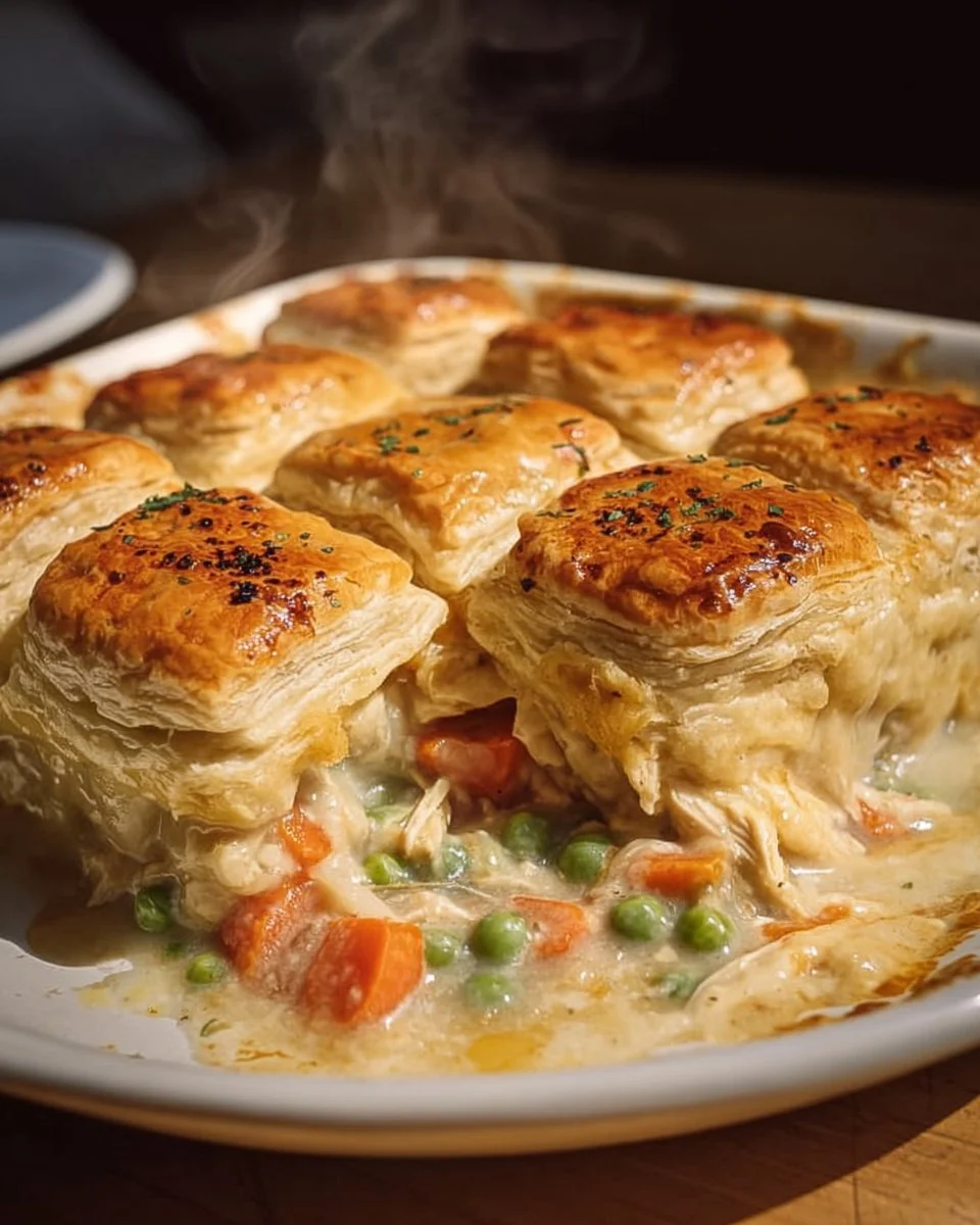 Delicious homemade chicken pot pie casserole topped with golden crust.
