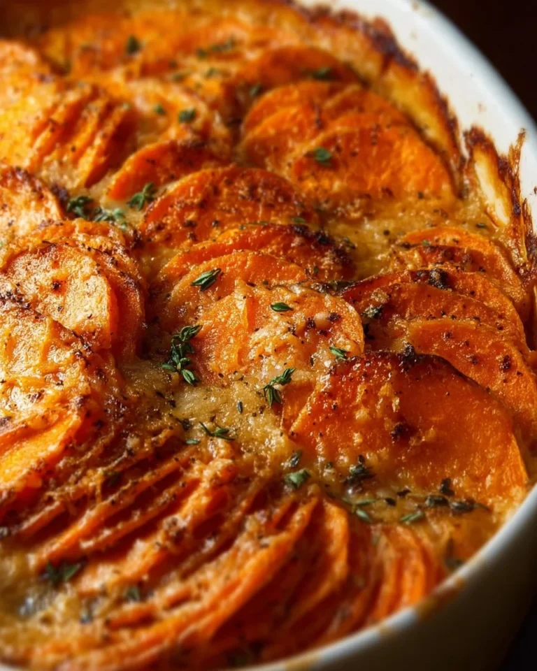 Deliciously baked easy scalloped sweet potatoes topped with cheese.