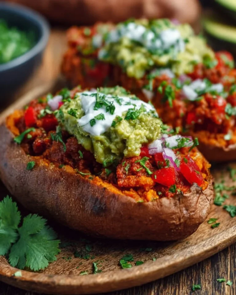 Easy taco stuffed sweet potatoes topped with fresh ingredients