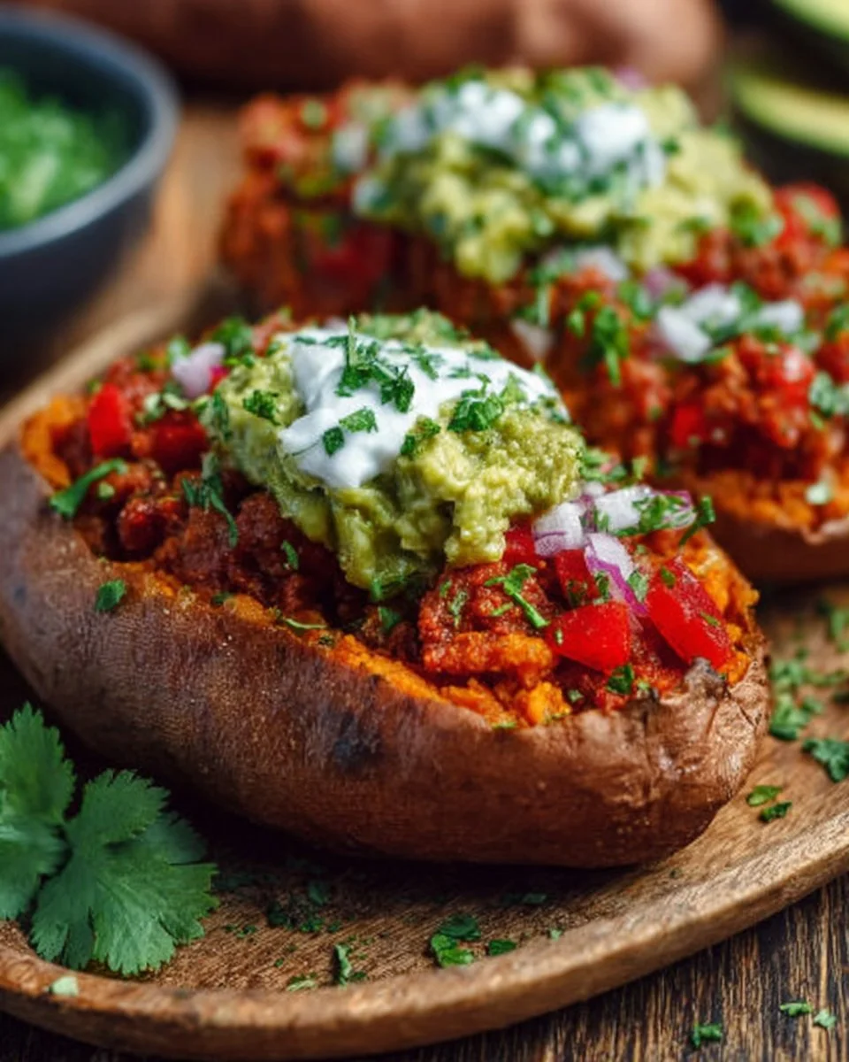 Easy taco stuffed sweet potatoes topped with fresh ingredients