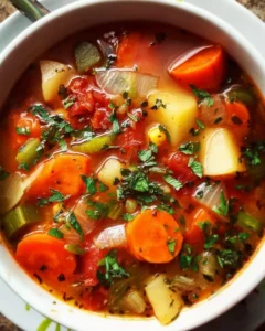 Bowl of easy vegetable soup with fresh veggies and herbs