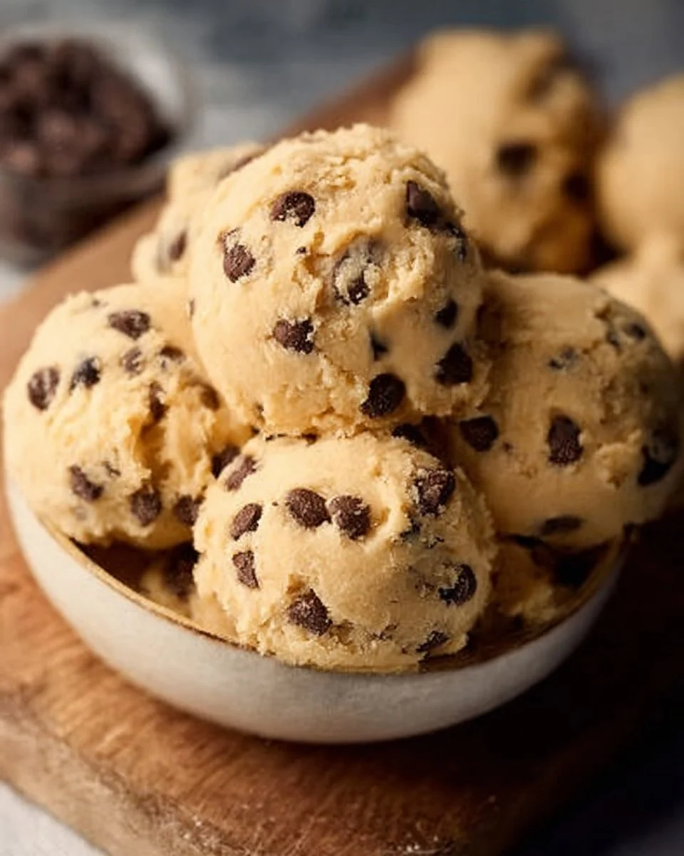 Bowl of edible chocolate chip cookie dough with chocolate chips and a spoon
