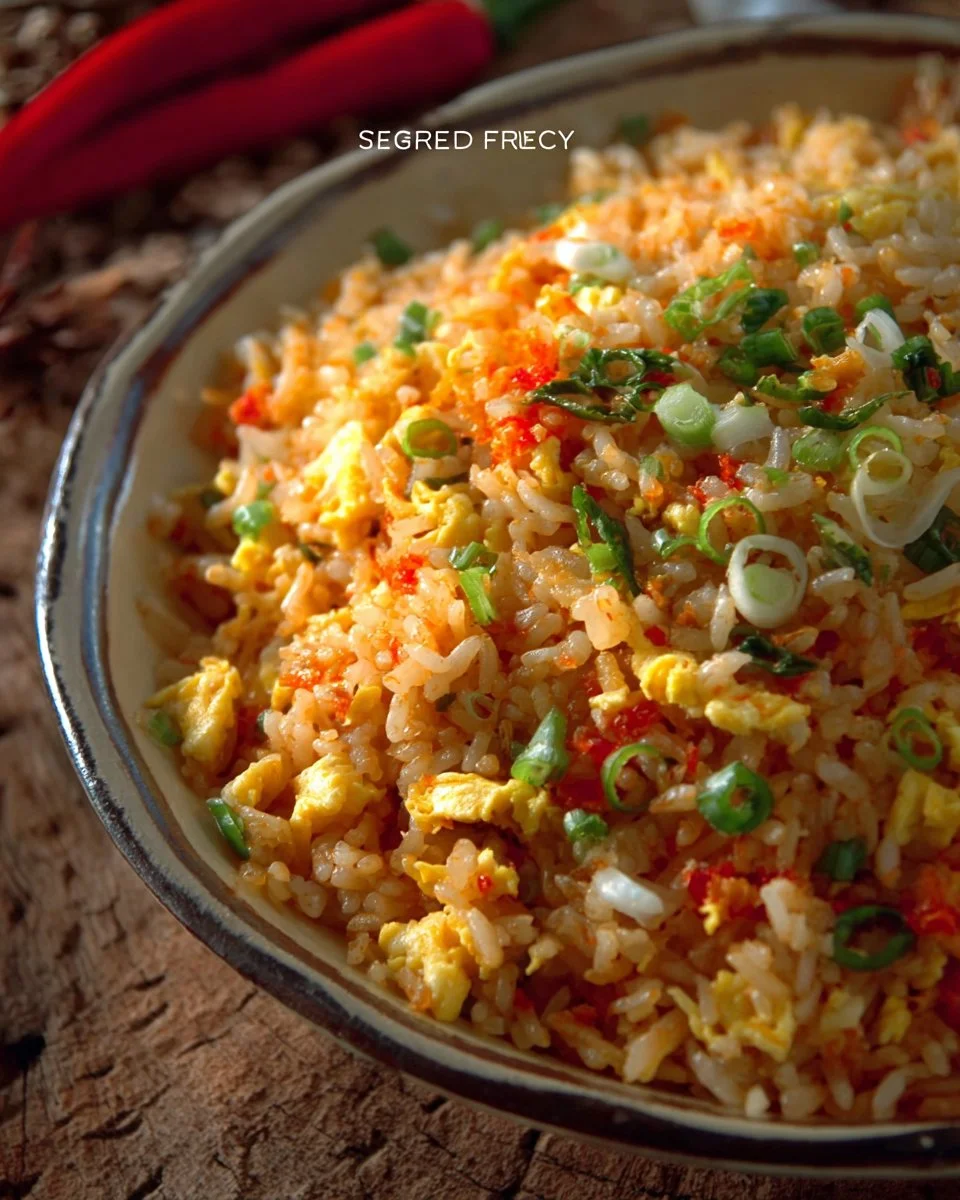 Delicious Egg Fried Rice served with fresh vegetables and eggs.