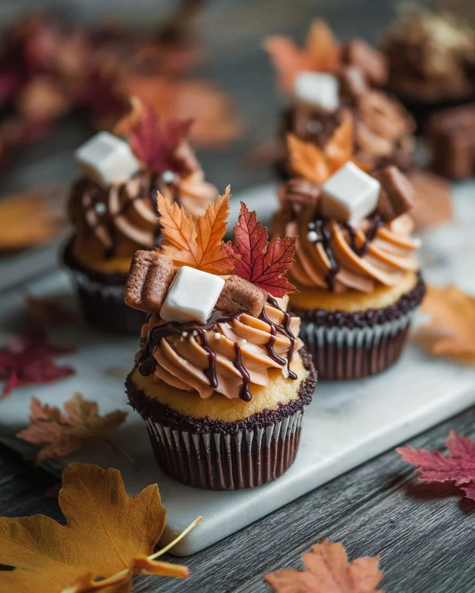 Delicious fall cupcakes decorated with seasonal toppings like pumpkin and maple.