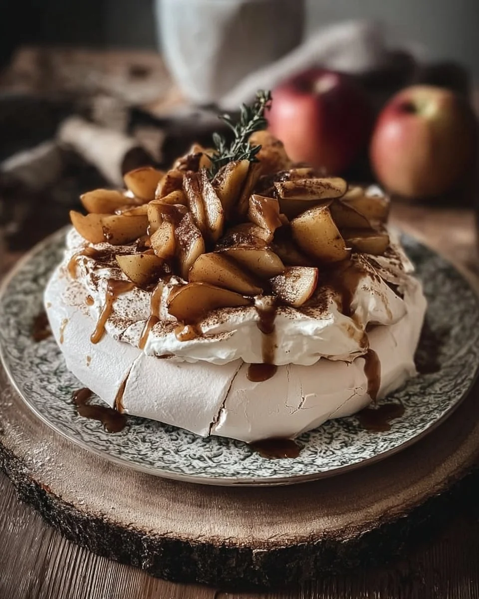 Fall Pavlova dessert with caramelized apples and cinnamon whipped cream