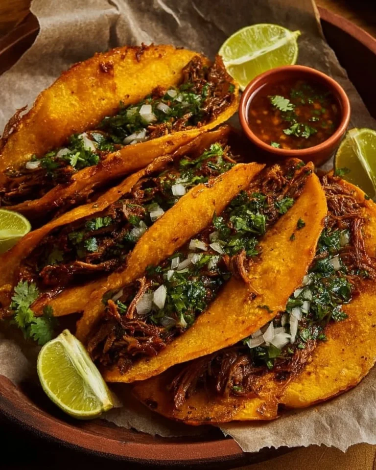 A plate of delicious birria tacos with rich broth and garnishes.