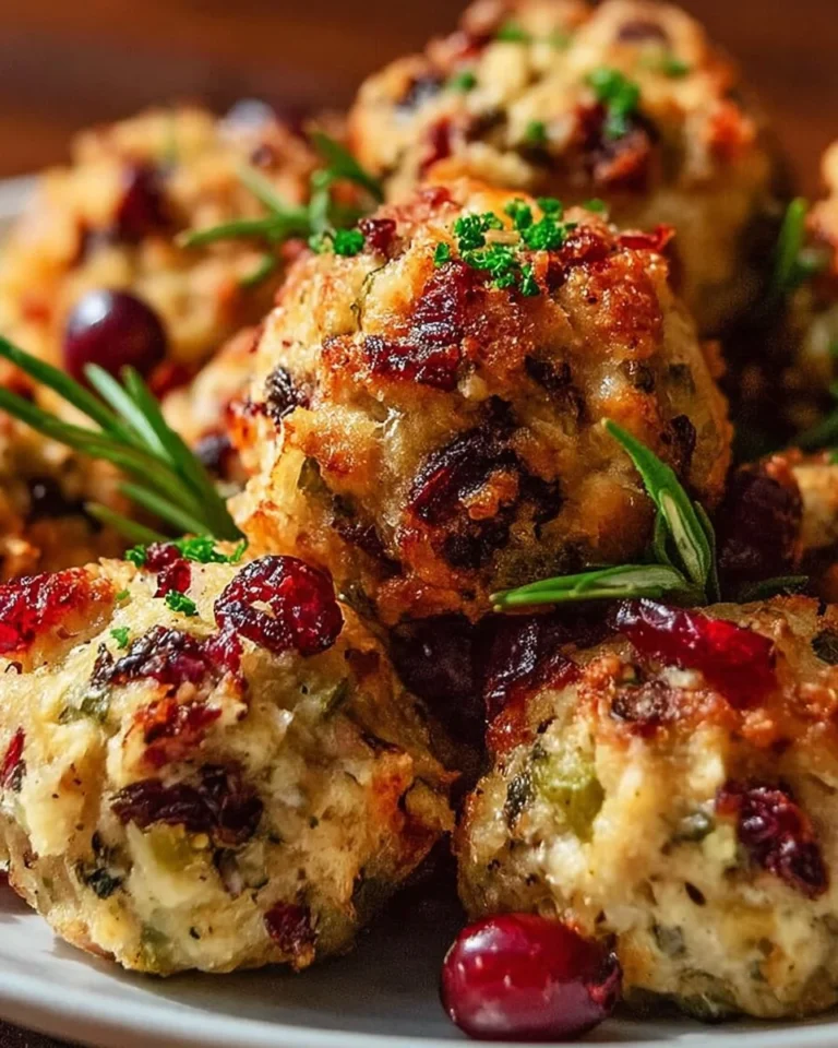 Festive cranberry turkey stuffing balls on a festive serving platter.