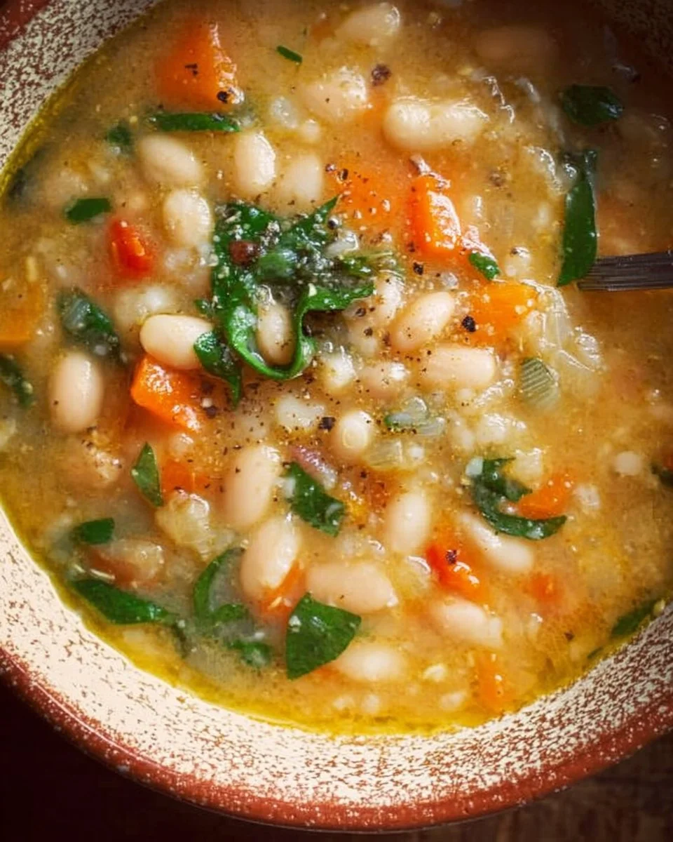 Delicious bowl of flavor-packed white bean soup garnished with herbs