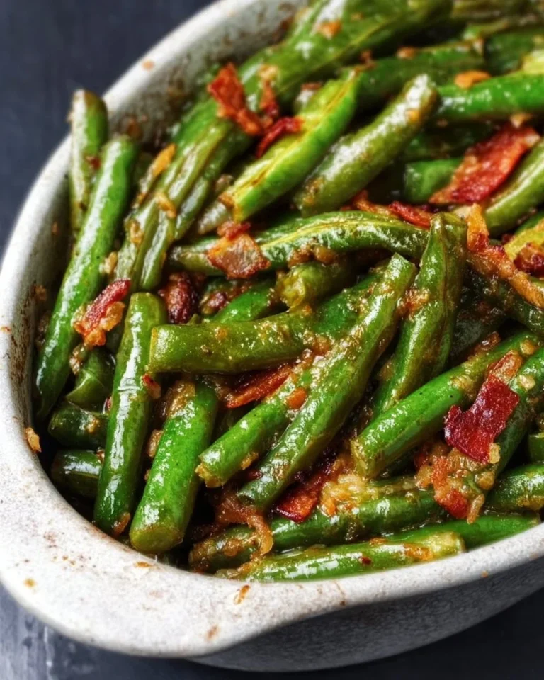 A bowl of flavorful green beans garnished with herbs and spices