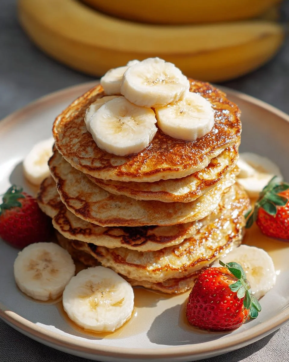 Plate of fluffy banana cottage cheese pancakes topped with syrup and bananas