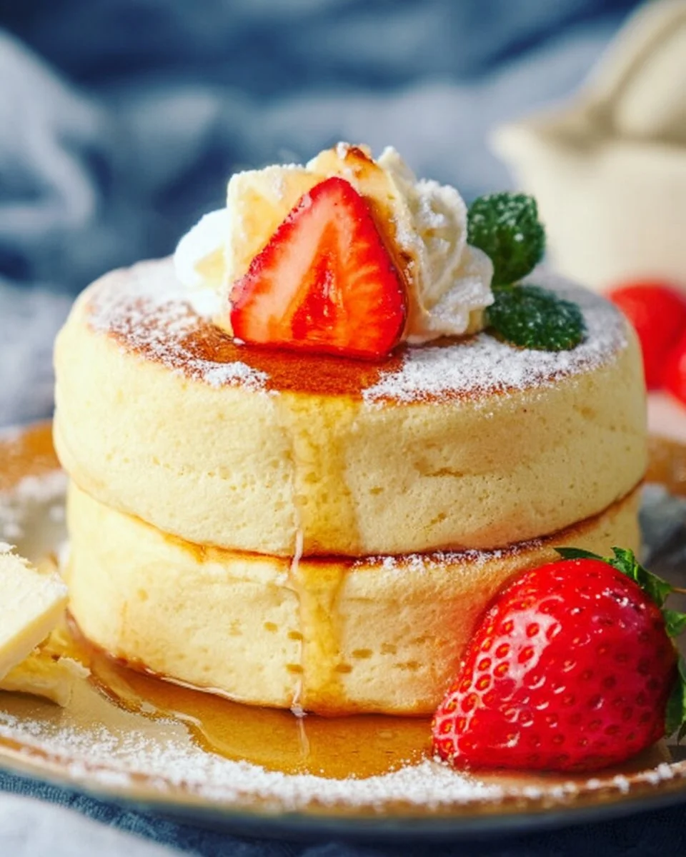 Fluffy Japanese soufflé pancakes stacked and dusted with powdered sugar.