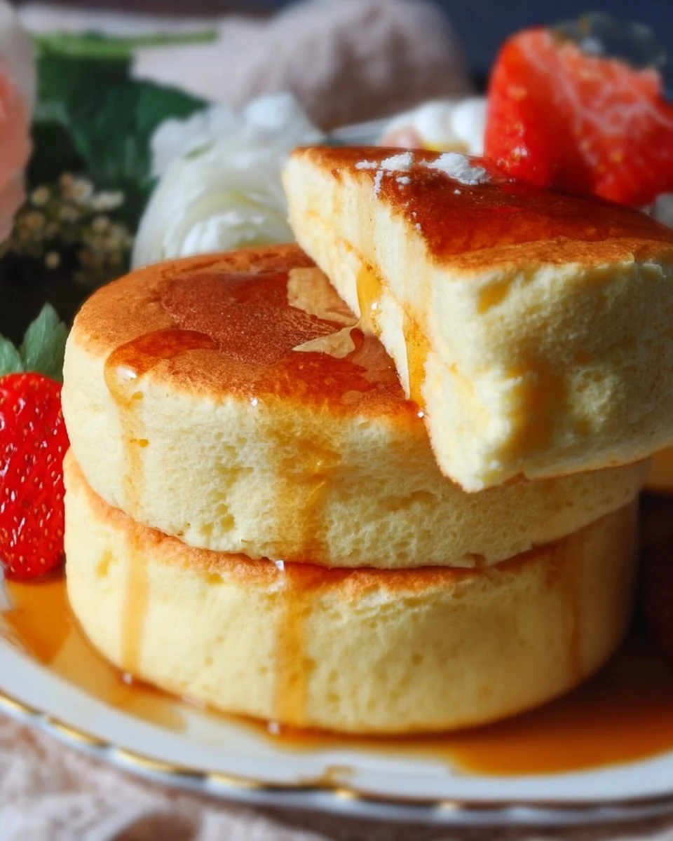 Fluffy Japanese soufflé pancakes stacked on a plate, served with syrup and berries.