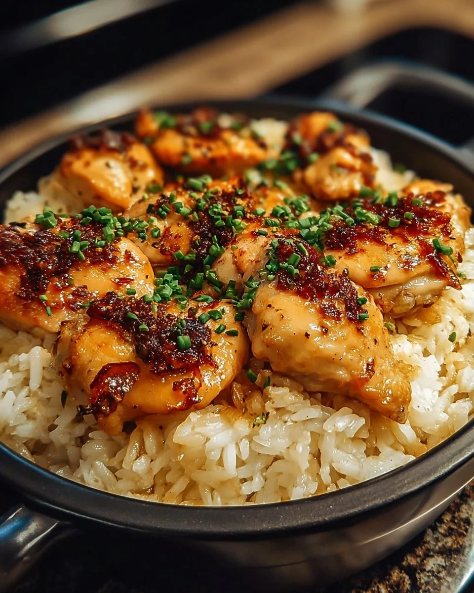 A plate of delicious forgotten chicken and rice garnished with herbs