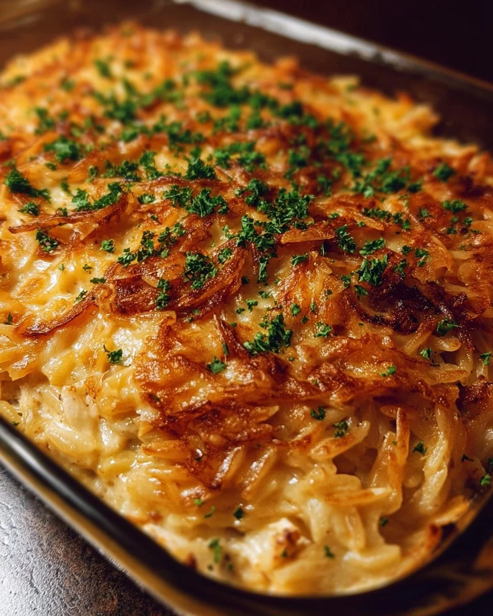 Delicious French Onion Chicken Orzo Casserole served in a baking dish