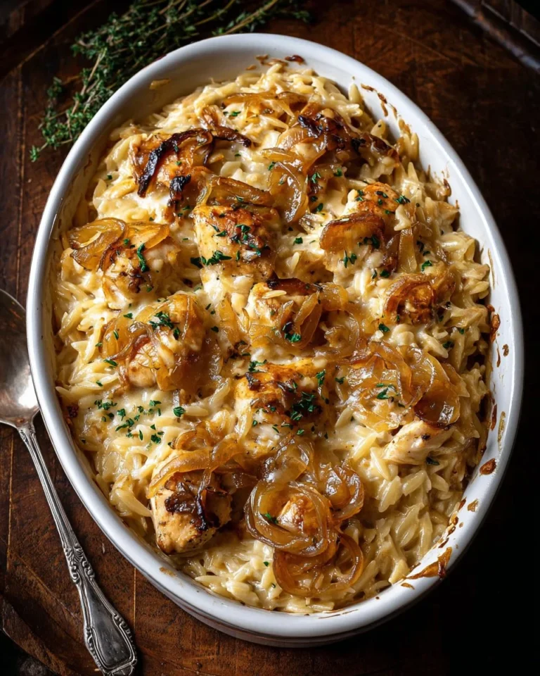 Delicious French Onion Chicken Orzo Casserole topped with cheese and herbs
