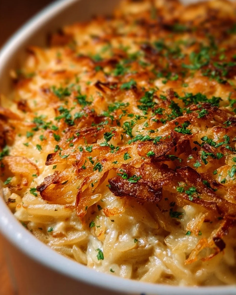 Delicious French Onion Chicken Orzo Casserole served in a baking dish