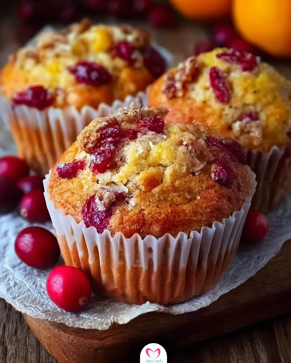 Freshly baked Cranberry Orange Muffins on a wooden table.