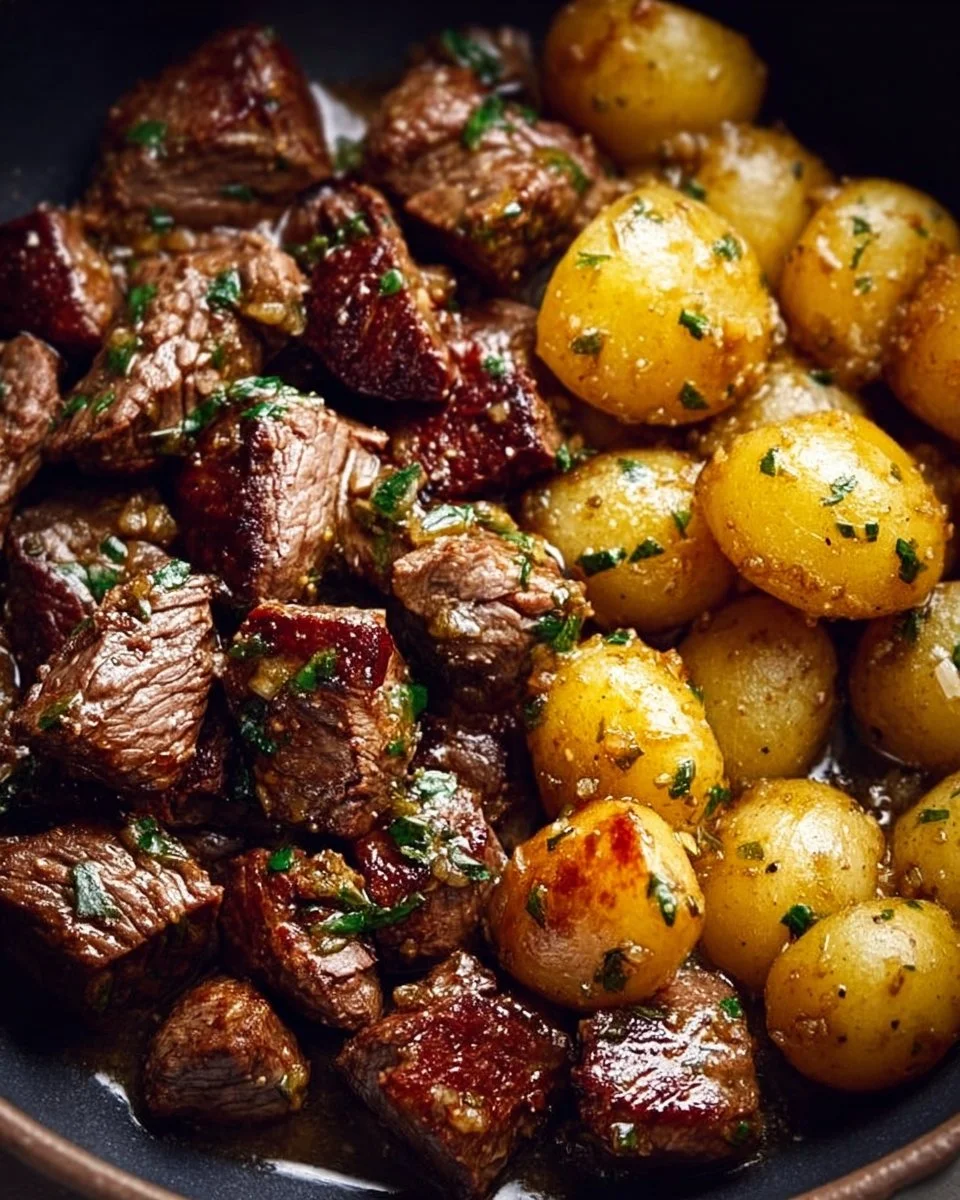 Delicious Garlic Butter Beef Bites served with tender potatoes